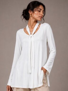 LA Made White Modal Tie Neck Long Sleeve Tunic Top L Made in USA